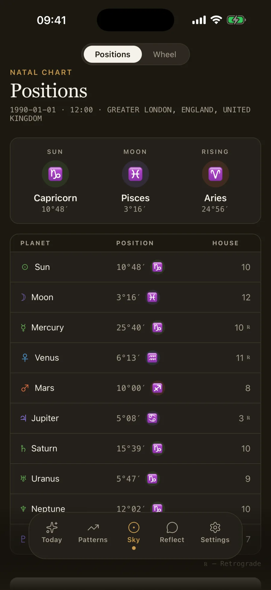 Natal positions table: every planet to the minute with sign and house