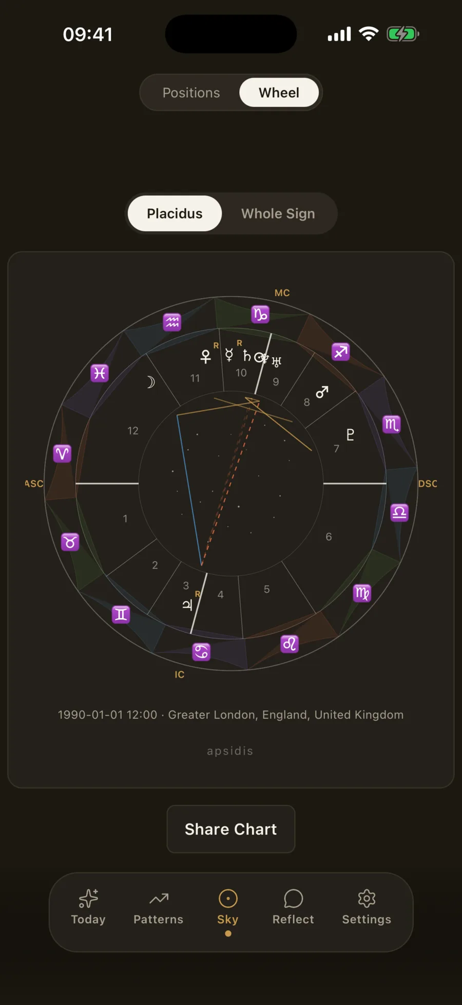 Sky layer: interactive natal chart wheel with Placidus and Whole Sign houses